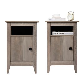 Set of 2 Narrow Nightstand, Wooden Side Table with Open Shelf and Cabinet, Rustic End Table for Living Room, Bedroom, Grayish Brown